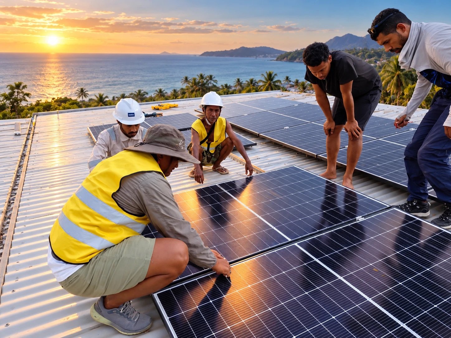 GoKoval team installing rooftop solar panels with a view of the sea at sunset